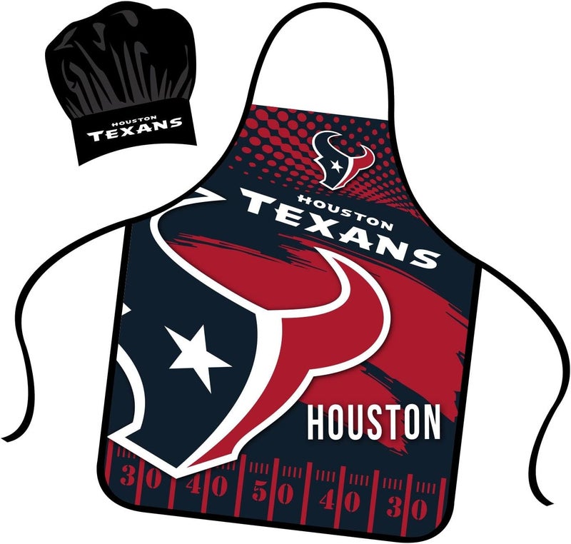 Mojo Licensing Houston Texans Apron Chef Hat Set Full Color Universal Size Tie Back Grilling Tailgate BBQ Cooking Host - Image 1